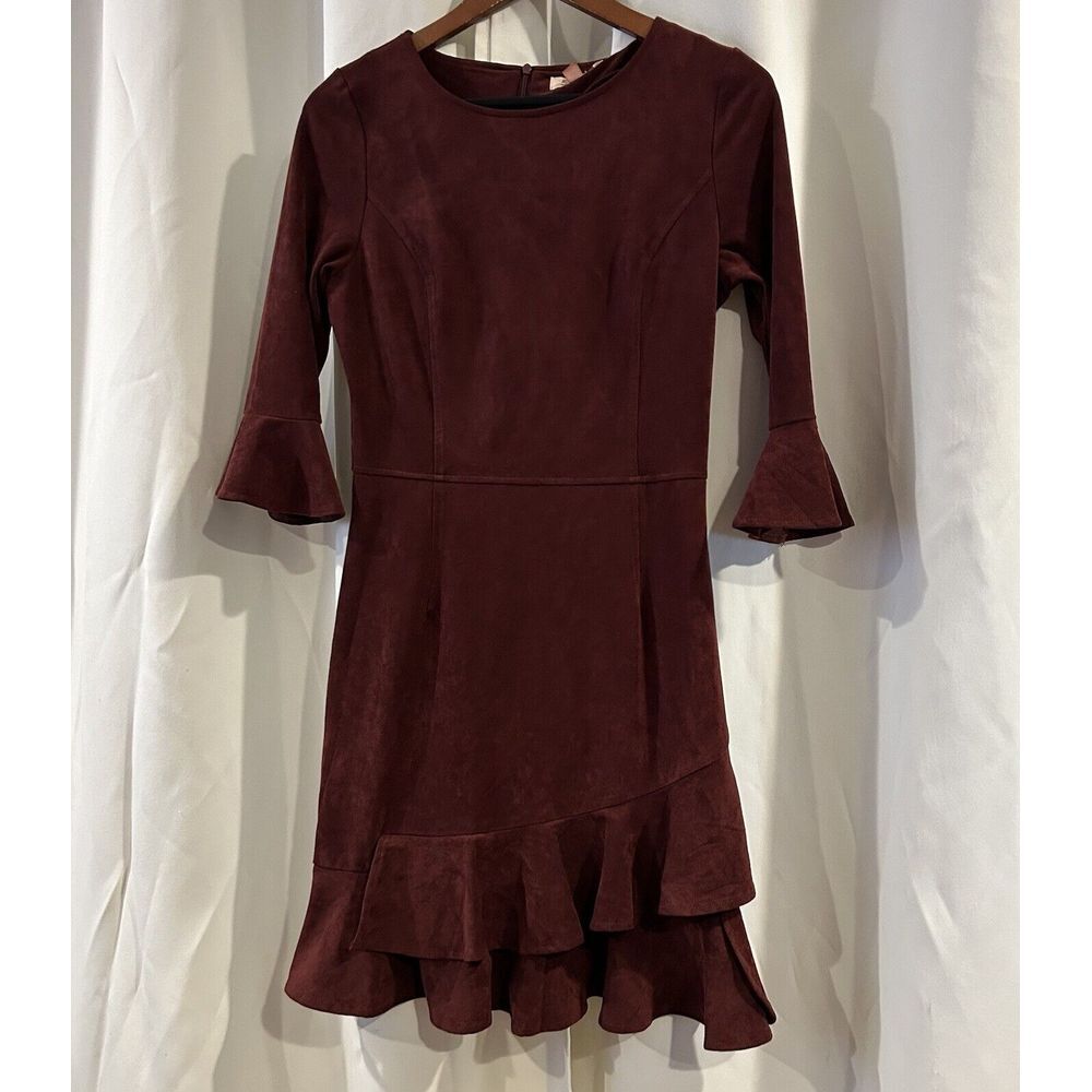 Aryeh Dress‎ Women Small Burgundy Suede Bell Sleeve Asymmetric Ruffle Drop Waist